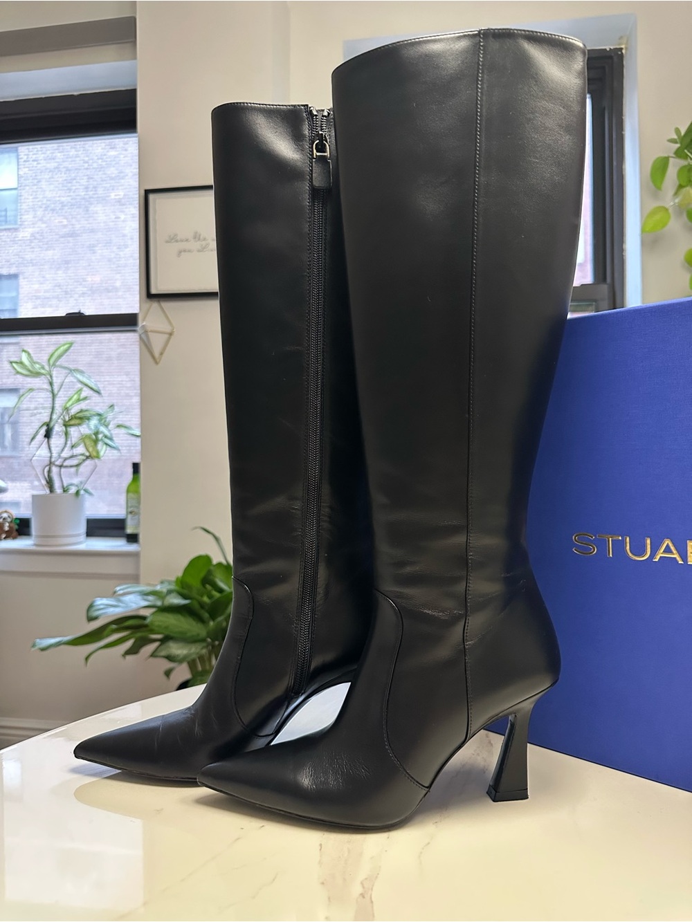 Stuart Weitzman Black Pointed-Toe Knee-High Leather Boots